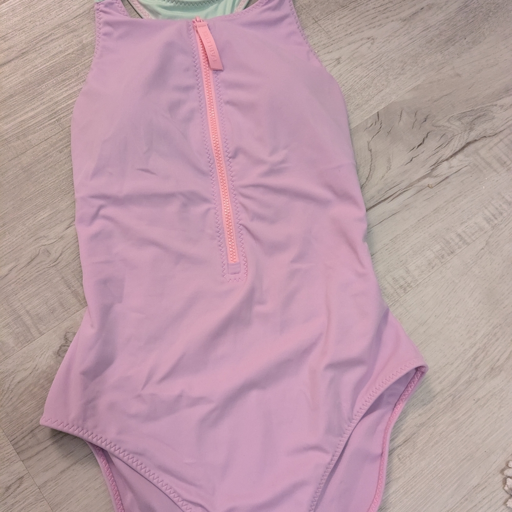 Light Lilac One-Piece Swimsuit with Pink Zipper & Lime Back Strap Accent